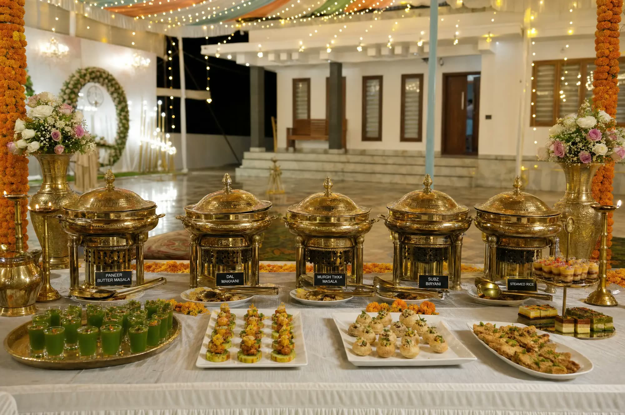 Buffet spread on white linen with brass serving vessels and floral accents