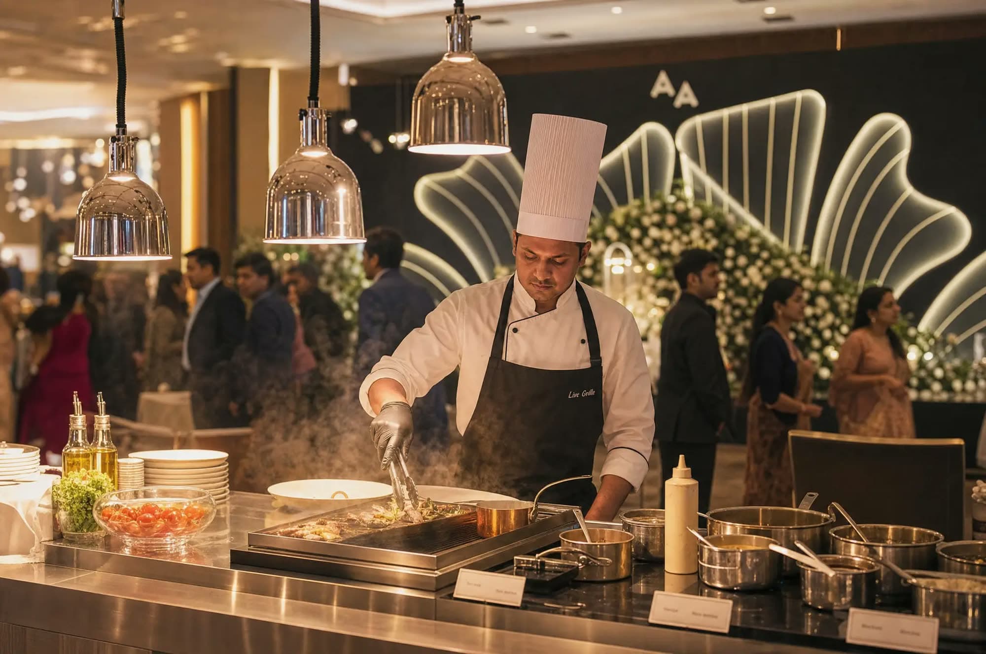 Chef working a live cooking counter under warm pendant lights