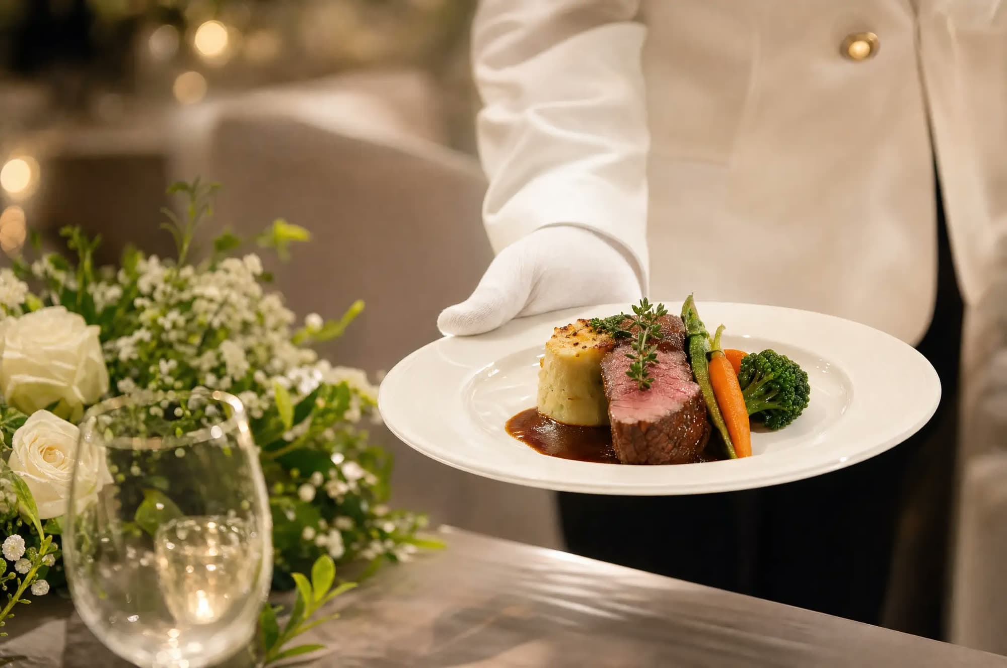 Server in white uniform presenting a plated dish at an event