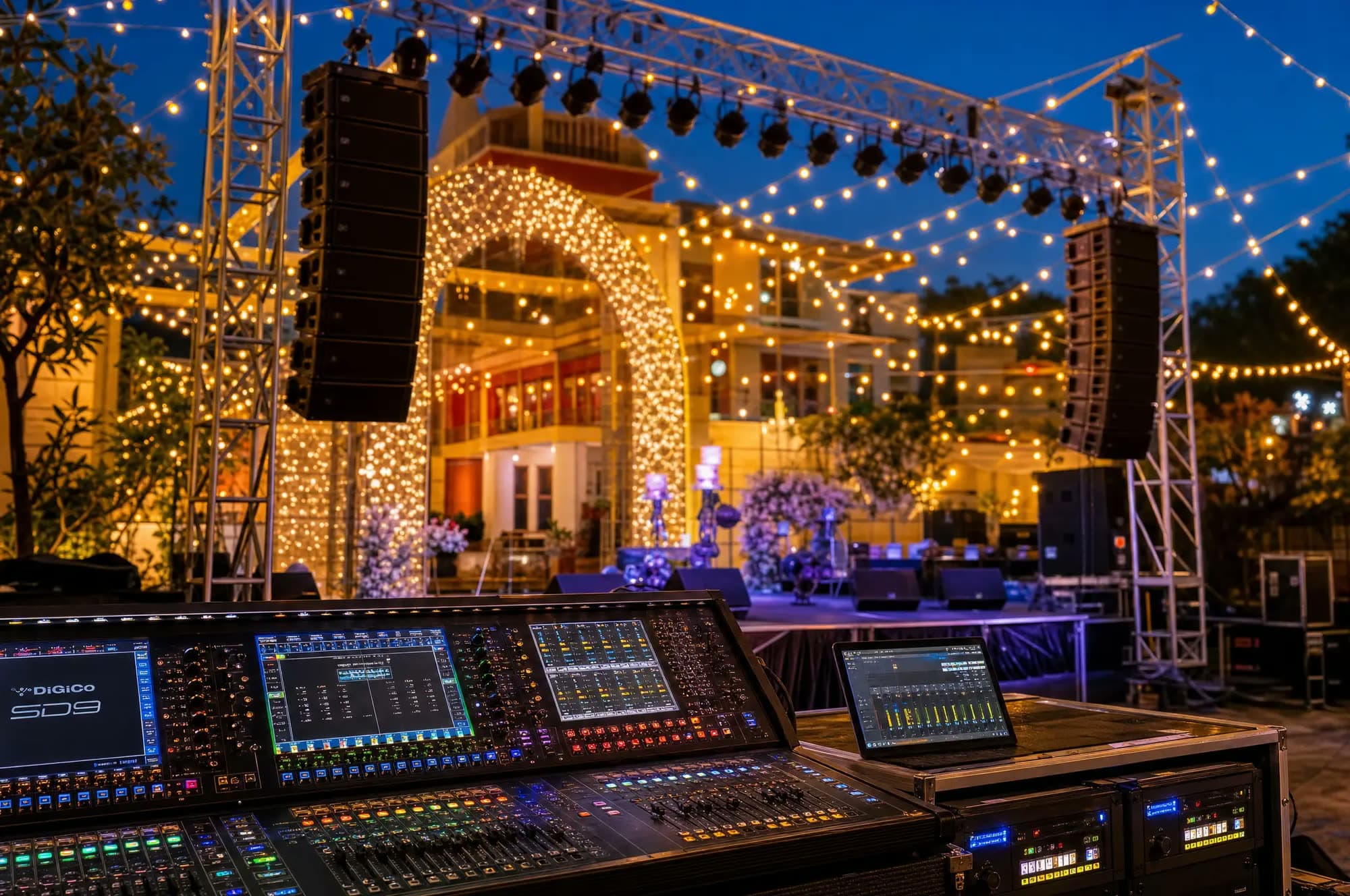 Sound system with line array speakers and a mixing console at dusk