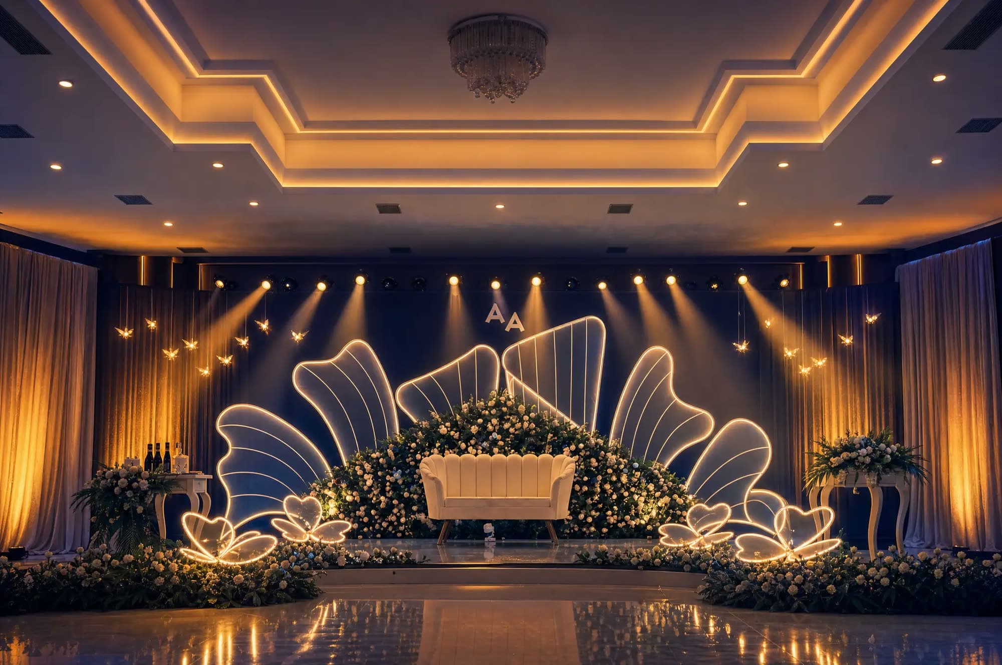 Stage lighting with amber beams through haze above a drape backdrop